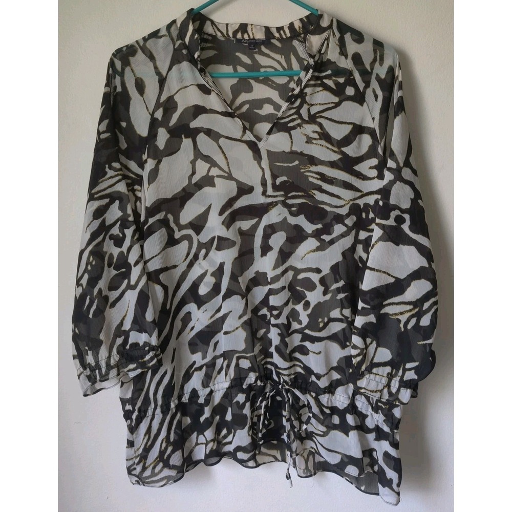 Anne Klein Women's Sheer Cinched Waist‎ & Elastic 3/4 Sleeve Blouse Size Medium